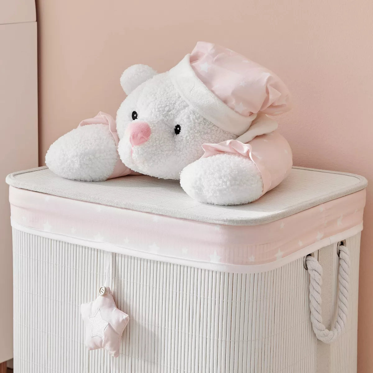 Bamboo Collapsible Laundry Hamper and Toy Storage for Kids with Handles in Pink and Cream Teddy Bear Design