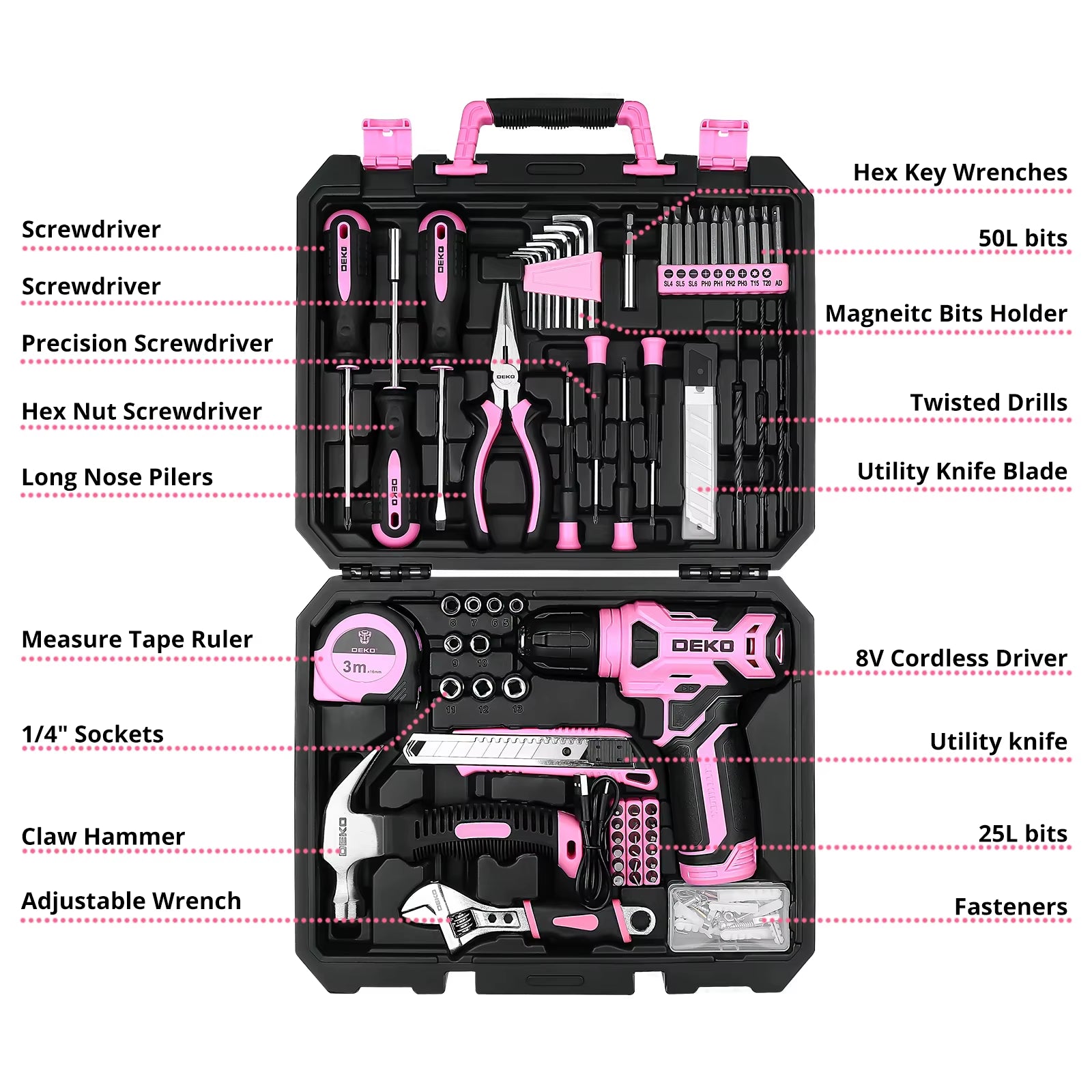 126Pcs Power Tool Combo Kits with 8V Cordless Drill,10Mm 3/8'' Keyless Chuck,Professional Home Household DIY Hand Tool Kits