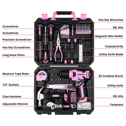 126Pcs Power Tool Combo Kits with 8V Cordless Drill,10Mm 3/8'' Keyless Chuck,Professional Home Household DIY Hand Tool Kits