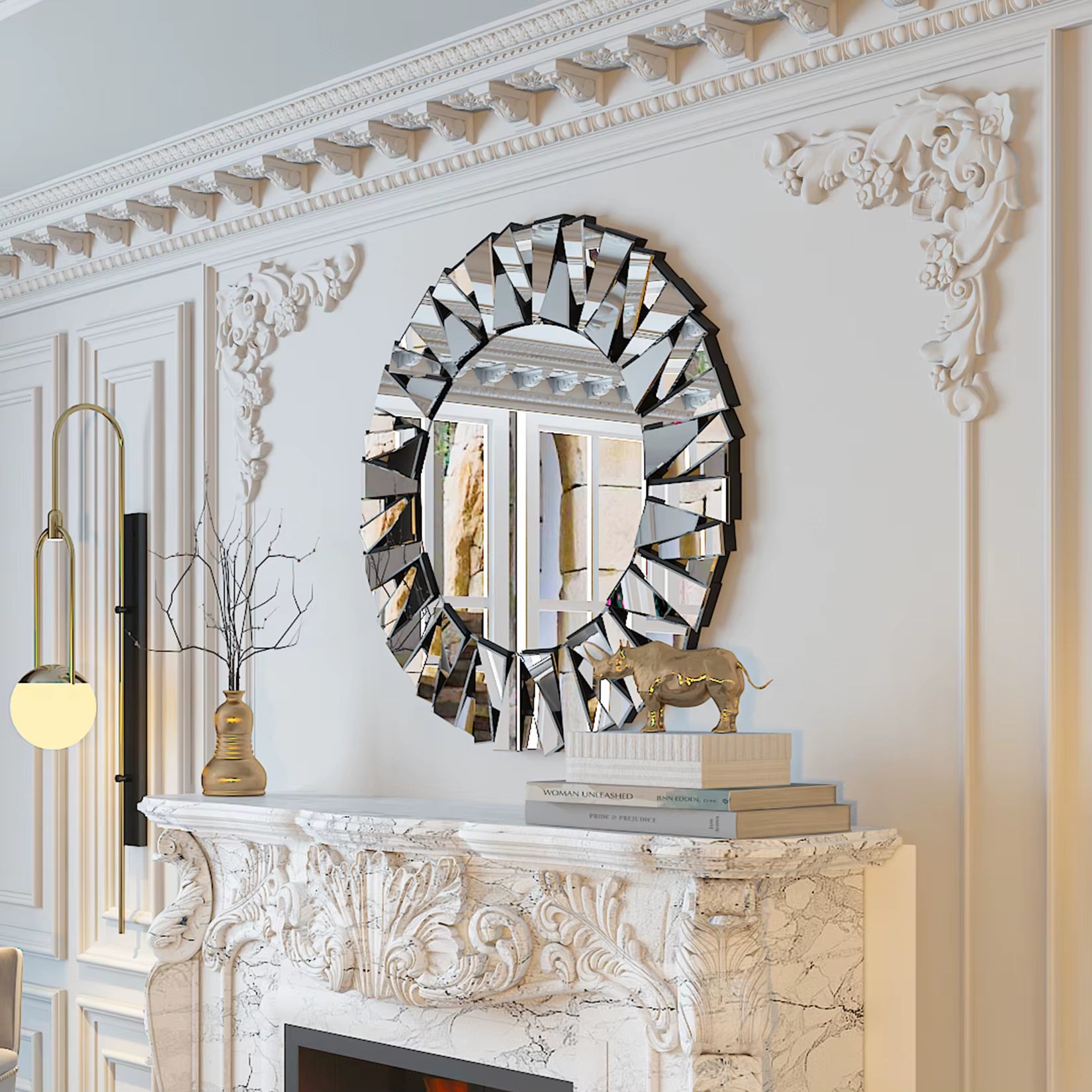 32" Wall Mirrors Decorative round Sunburst Mirror for Wall Decor Modern Silver Glass Wall-Mounted Beveled Hanging Circle Accents