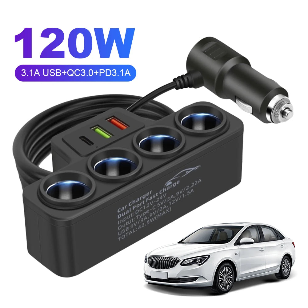 High-Performance 120W Car Cigarette Lighter Socket Splitter with QC3.0 and PD Technology, Featuring 4 Sockets and 3 USB Charging Ports