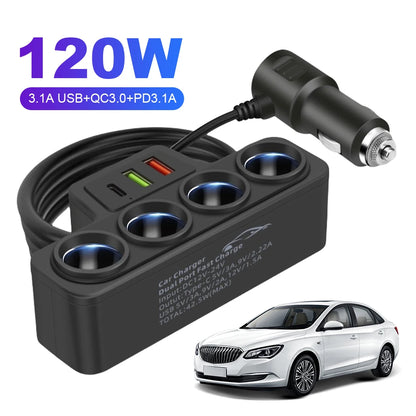 High-Performance 120W Car Cigarette Lighter Socket Splitter with QC3.0 and PD Technology, Featuring 4 Sockets and 3 USB Charging Ports