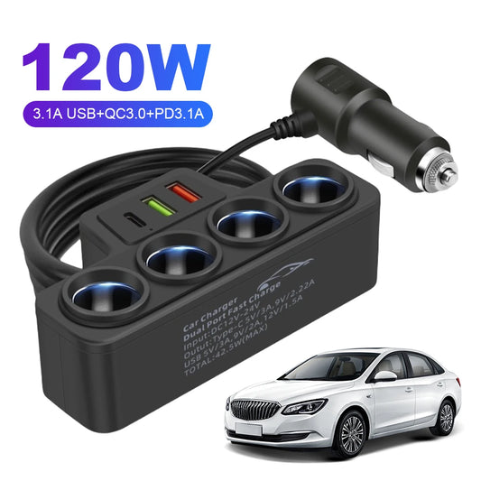 High-Performance 120W Car Cigarette Lighter Socket Splitter with QC3.0 and PD Technology, Featuring 4 Sockets and 3 USB Charging Ports