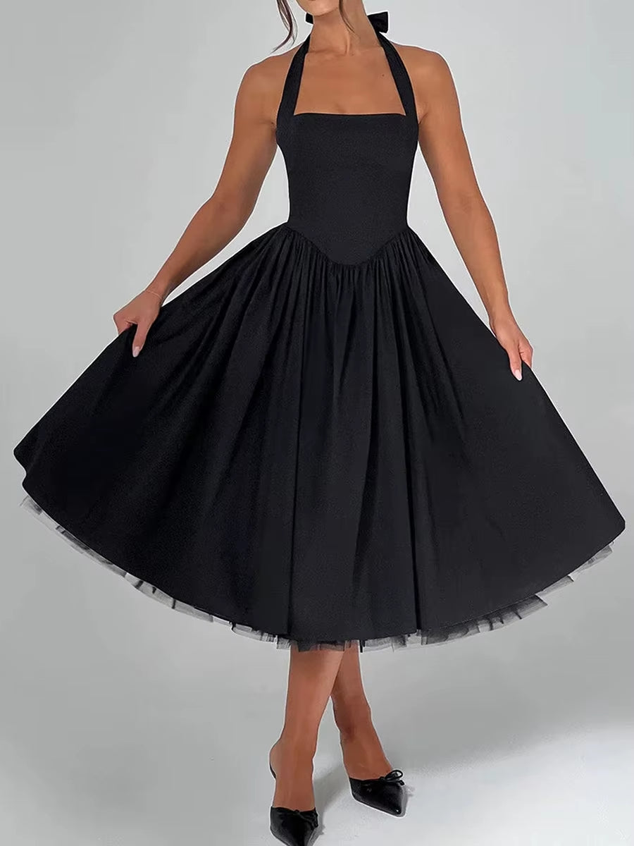 Elegant Sleeveless Midi Dress with Tie-Up Halter Neck and Open Back Women S A-Line Tank Dress in Solid Color Cross Design