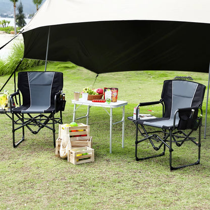 Oversized Heavy-Duty Folding Directors Chair for Adults - Available in 1 or 2 Pack, 400 lbs Capacity, Portable Camping Chair with Side Table, Cup Holder, and Side Pocket for Camping, Beach, Garden, and RV Use