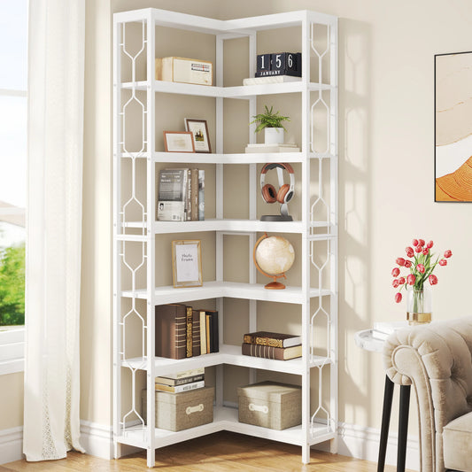 Tribesigns 7-Tier Industrial Corner Bookshelf - Freestanding Wood and Metal Etagere Display Shelf