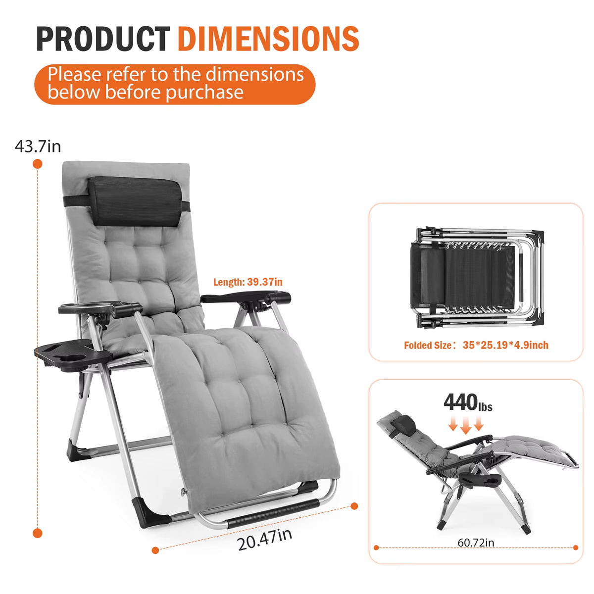 JHK Zero Gravity Reclining Lounge Chair with Soft Cushion and Cup Holder Trays for Outdoor and Indoor Use
