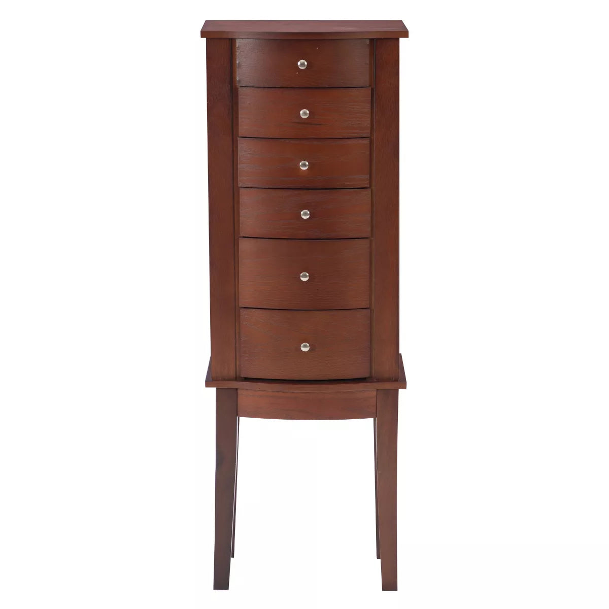 Traditional Wood Jewelry Armoire with 6 Lined Drawers in Merlot Brown
