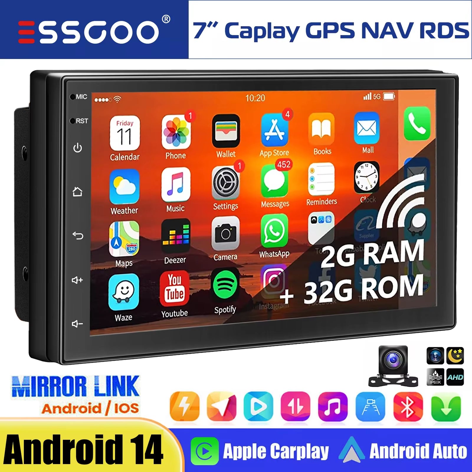 7" Double 2 DIN Android 14 Carplay Car Stereo Multimedia Video Player GPS Navigation Wifi FM/RDS Bluetooth Multimedia Fit Nissan