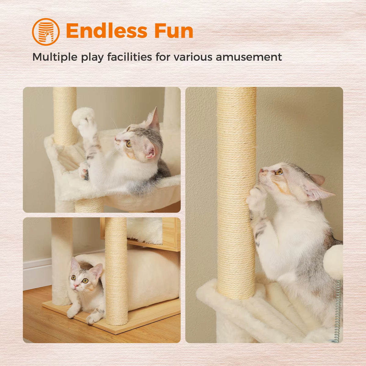 Height Adjustable Wooden Cat Tower with Spacious Hammock and Sisal Scratching Posts - Floor to Ceiling Indoor Cat Condo