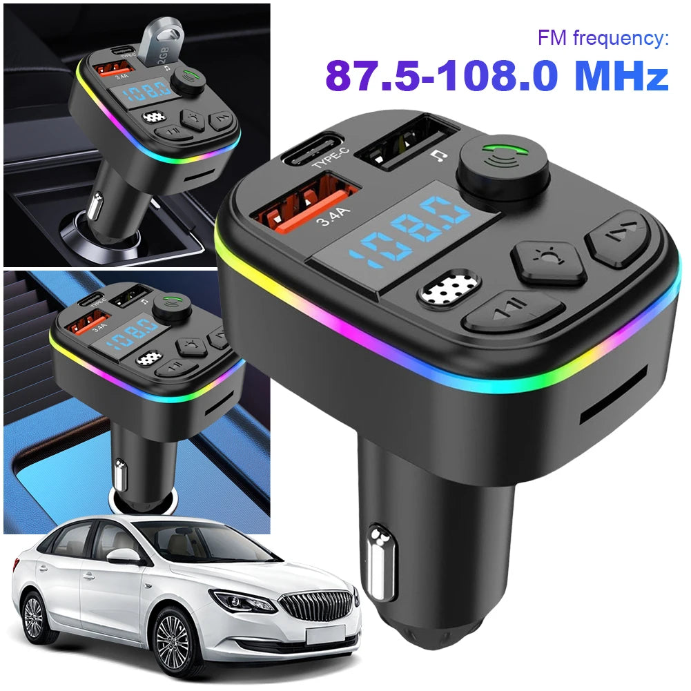 Wireless Car Kit with Bluetooth 5.3, MP3 Player, TF Card and U Disk Support, Cell Phone Charger, and FM Transmitter