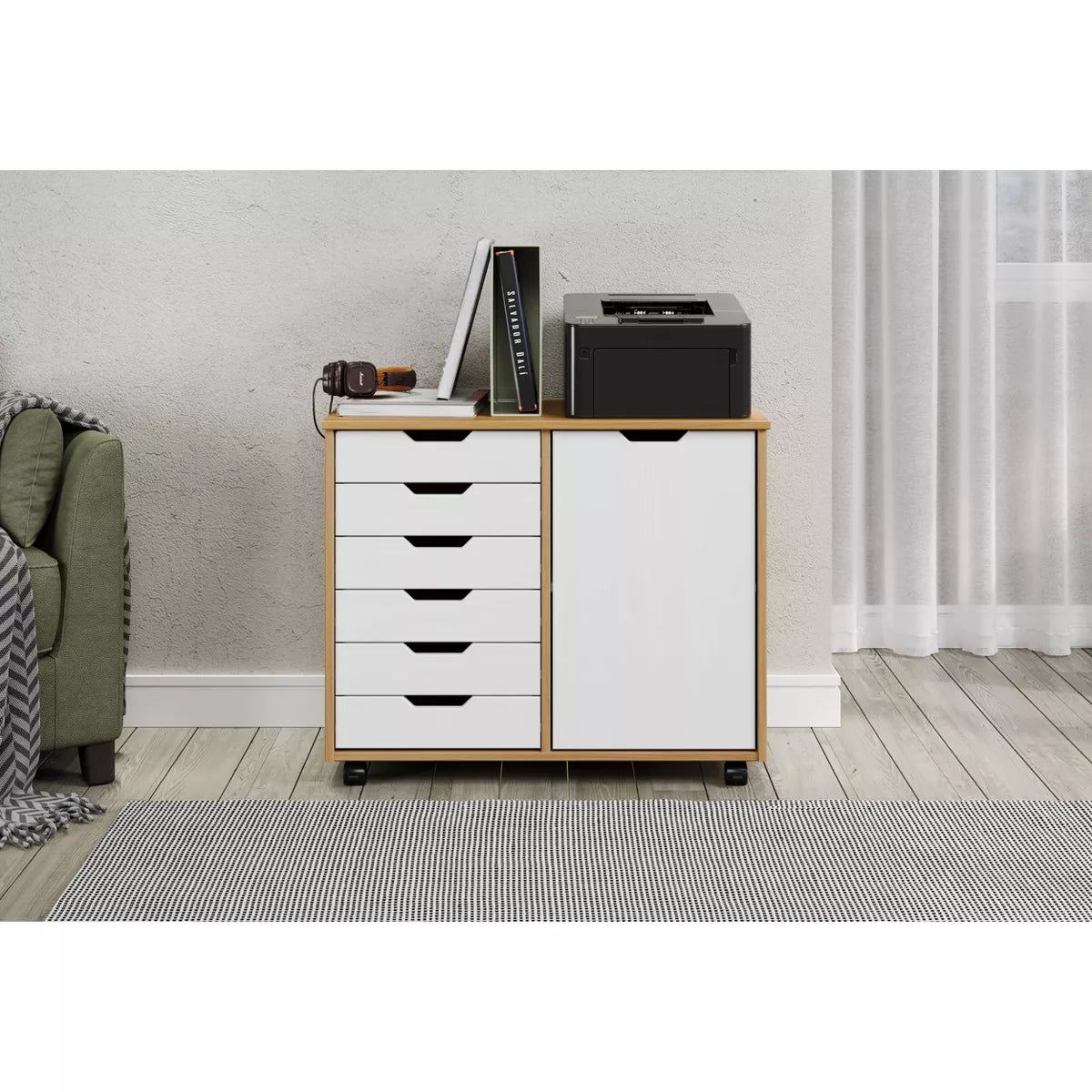 6 Door Drawer Roll Cart White and Natural Wood