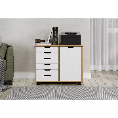 6 Door Drawer Roll Cart White and Natural Wood