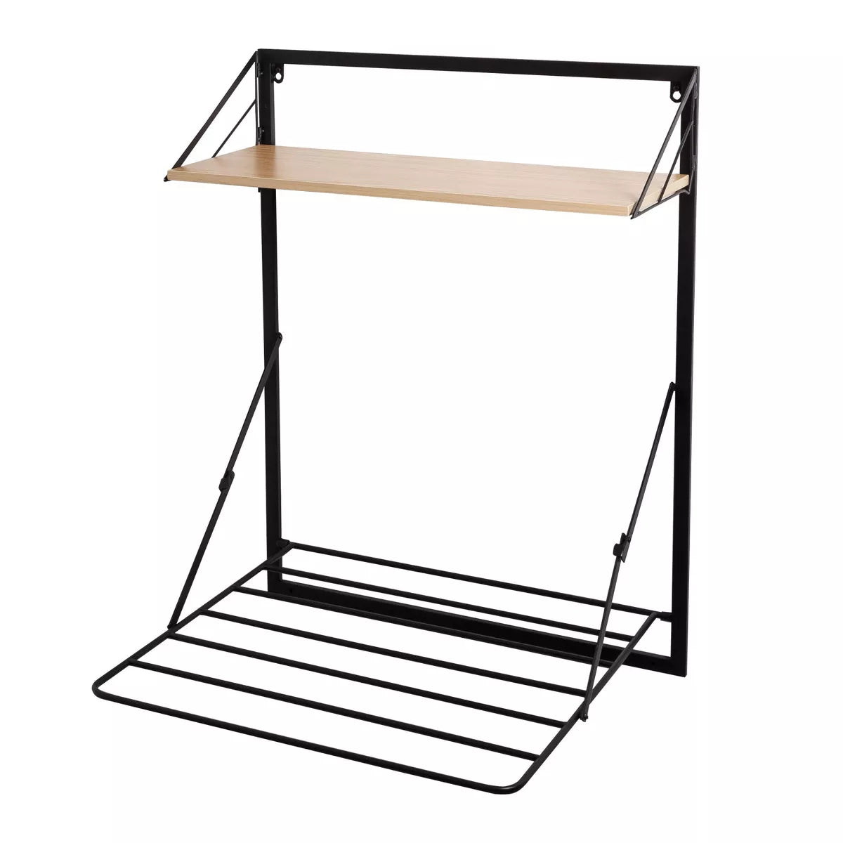 Collapsible Laundry Shelf and Drying Rack Combo in Light Oak, Steel Construction, 65 Lb Capacity