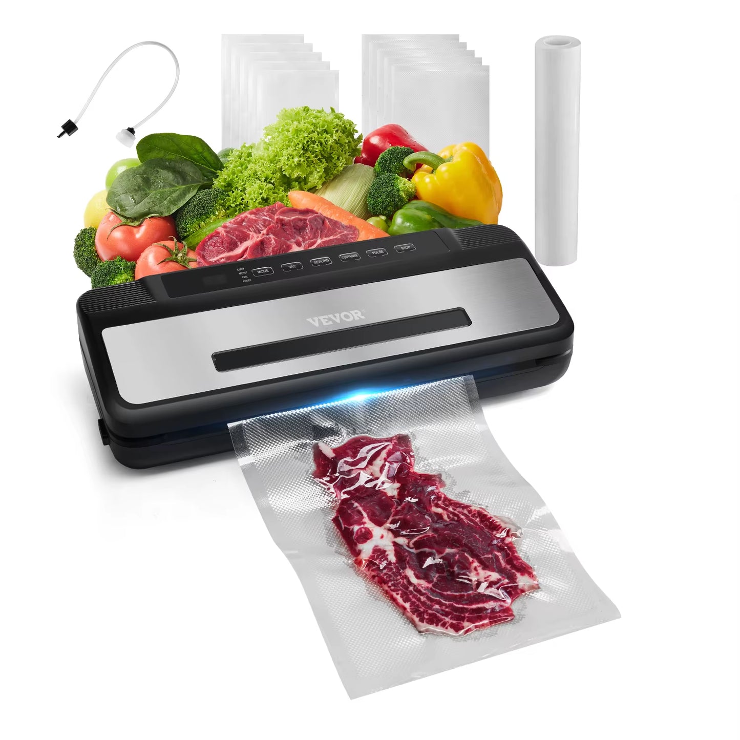 80Kpa 120W Electric Vacuum Sealer Machine 7-In-1 Wet Food Sealer with Free 10Pcs Vacuum Bags for Kitchen Food Storage