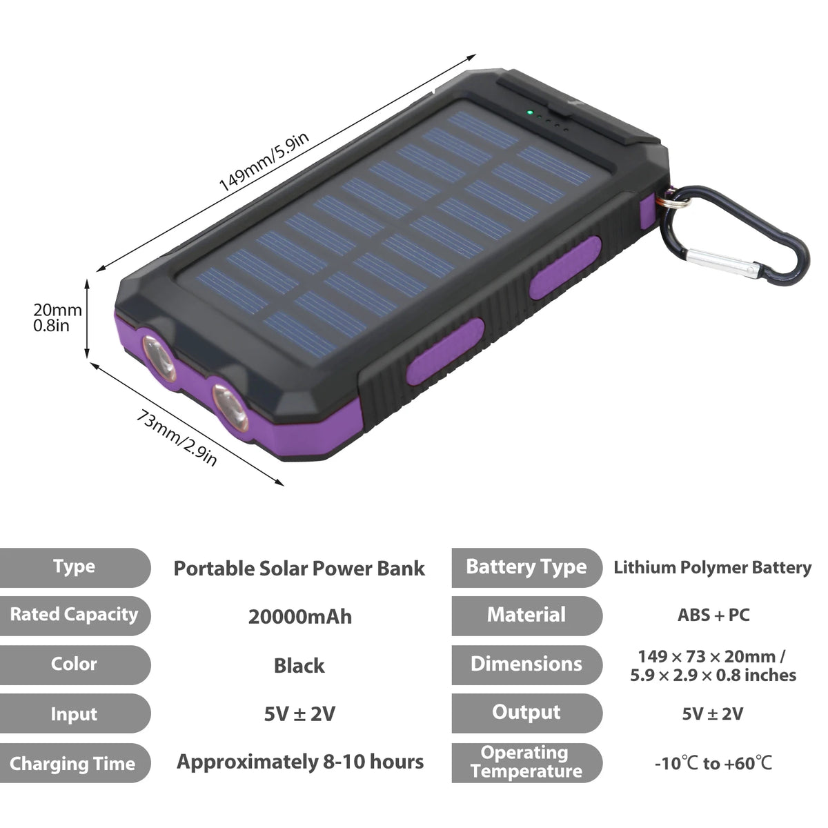 20000mAh Waterproof Solar Power Bank with Dual 5V USB Ports, LED Flashlight, and Compass for Outdoor Camping