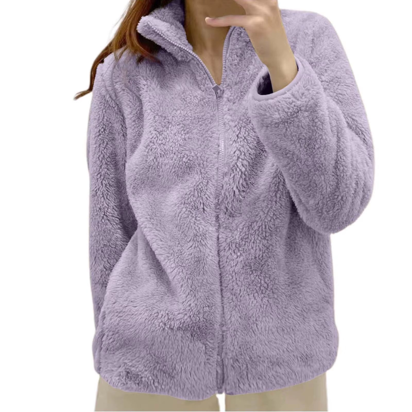 Women Casual Zip up Fleece Jacket Solid Color Long Plush Polar Warm Zipper Outwears Female Gils Lamb Wool Jackets with Pockets