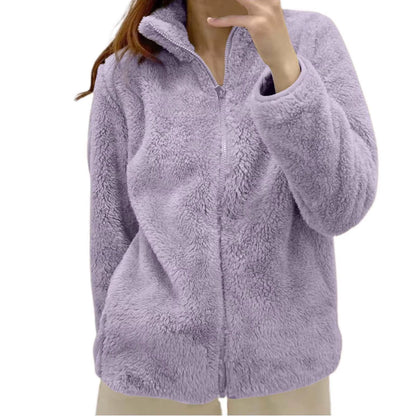 Women Casual Zip up Fleece Jacket Solid Color Long Plush Polar Warm Zipper Outwears Female Gils Lamb Wool Jackets with Pockets