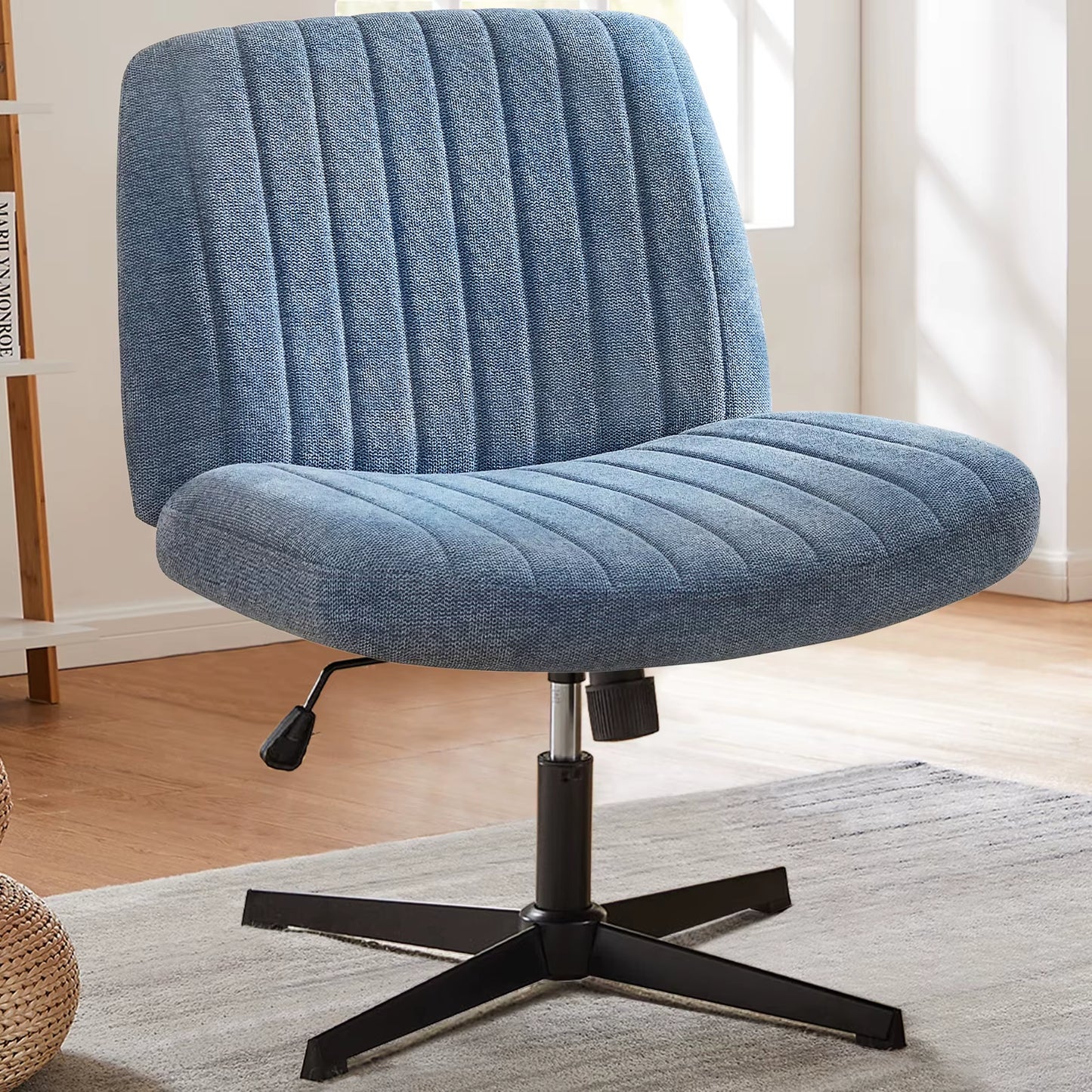 Cross Legged Office Living Room Rocking Gaming Chair Armless Wide Desk Adjustable Swivel Fabric Task Vanity Home Office
