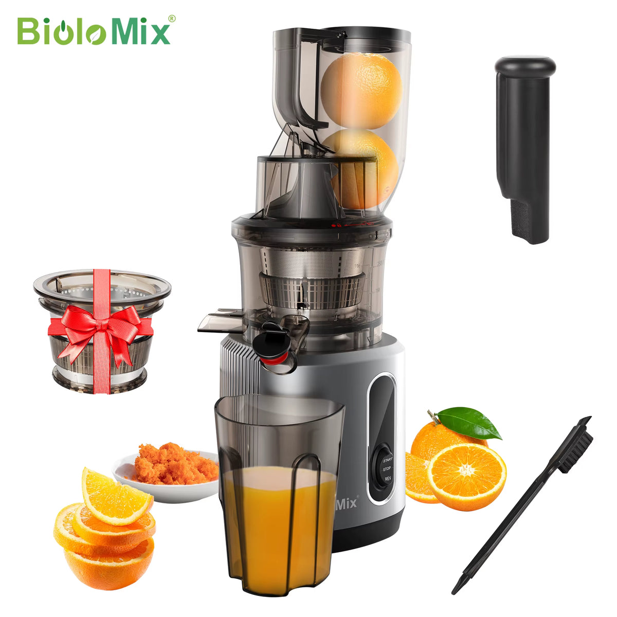 Biolomix Cold Press Juicer with 75mm Feed Chute, 200W Motor, 40-65 RPM Slow Masticating Juice Extractor for Whole Fruits