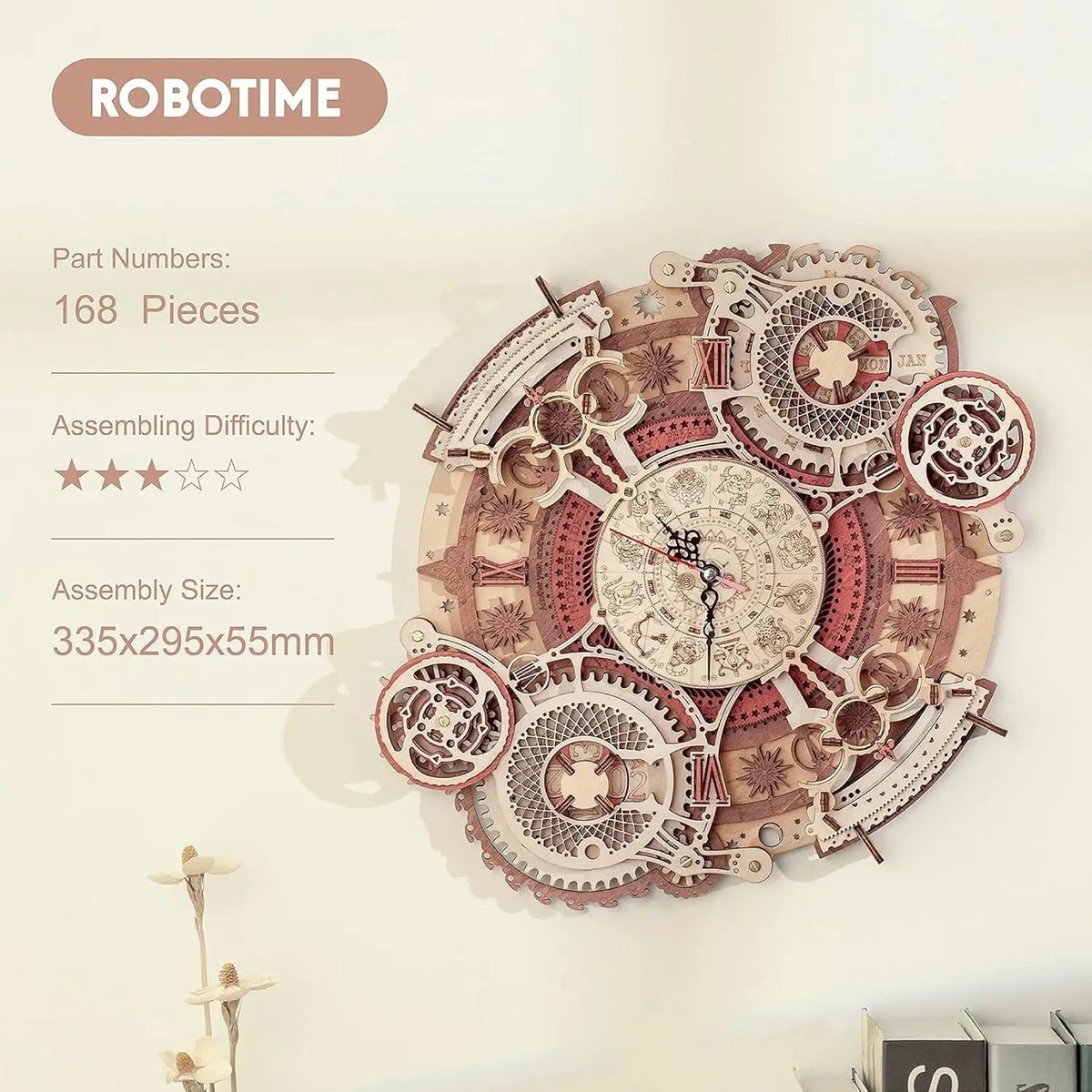 Robotime 3D Wooden Puzzle Wall Clock - Mechanical Building Kit for Children, Ideal Christmas Gift