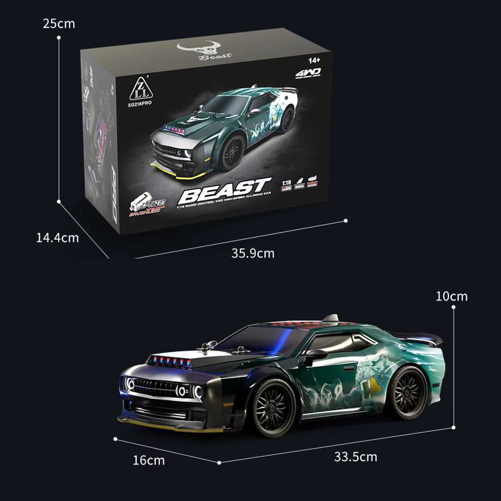 ZNLYRION SG216PRO 1:16 Scale 4WD Brushless RC Drift Car - 70KM/H Remote Control Racing Vehicle with LED Lights for Adults