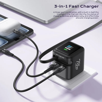 ASOMETECH 70W GaN Charger with Retractable Type-C Cable, 45W PD QC PPS Travel Charger for iPhone 16, MacBook, Tablets, and Samsung Devices