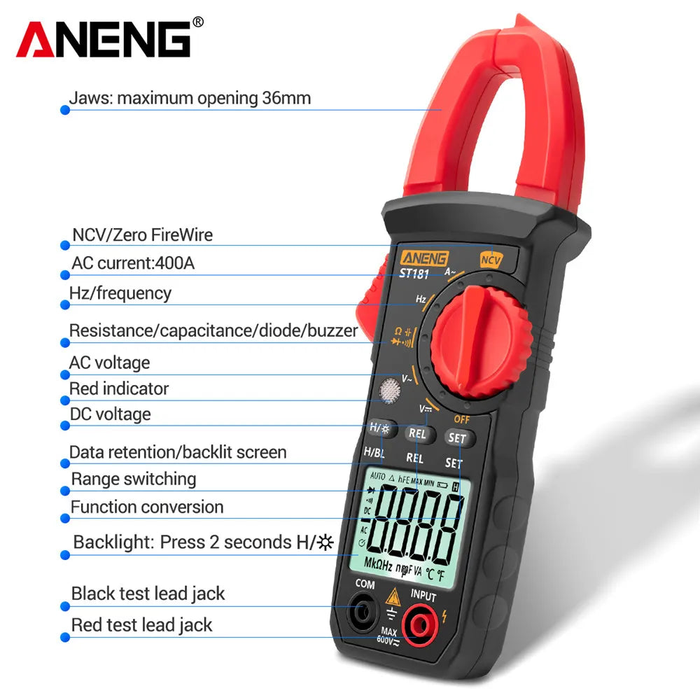 ST181 Digital Clamp Meter DC/AC Current 4000 Counts Multimeter Ammeter Voltage Tester Car Amp Hz Capacitance NCV Ohm Test