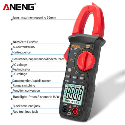 ST181 Digital Clamp Meter DC/AC Current 4000 Counts Multimeter Ammeter Voltage Tester Car Amp Hz Capacitance NCV Ohm Test