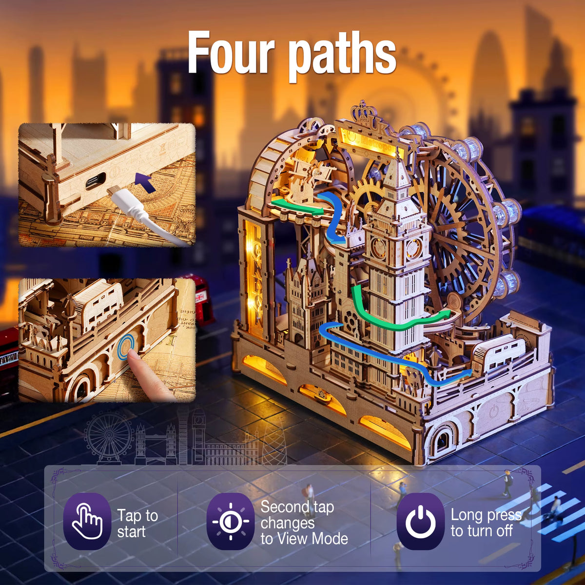 Robotime 3D Wooden Puzzle Marble Run Building Kit - London City Model with Lighting, Mechanical DIY Landmark Puzzle for Adults and Teens