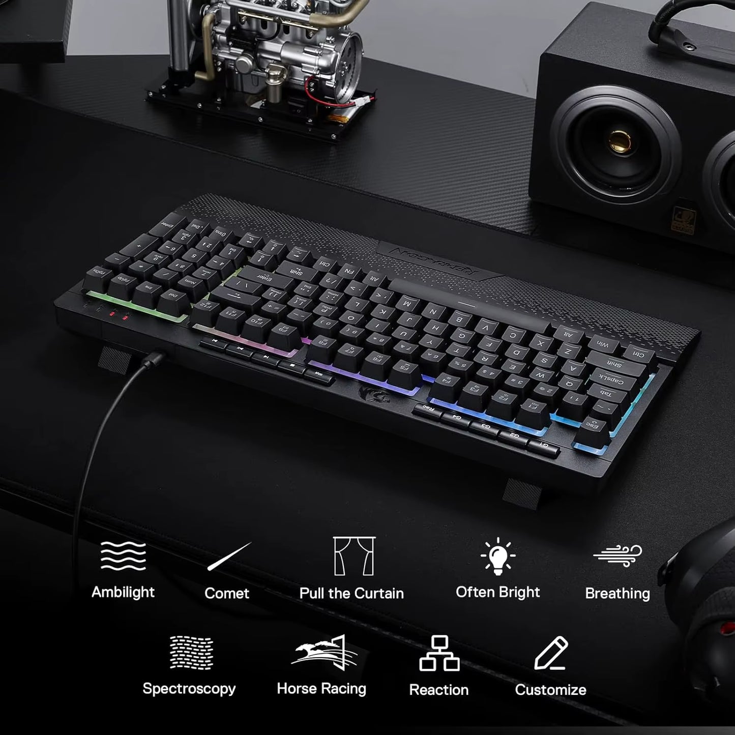 K515 Shiva RGB Membrane Gaming 98 Keys Mechanical Detachable Wrist Rest Smooth Linear Switch Keyboard