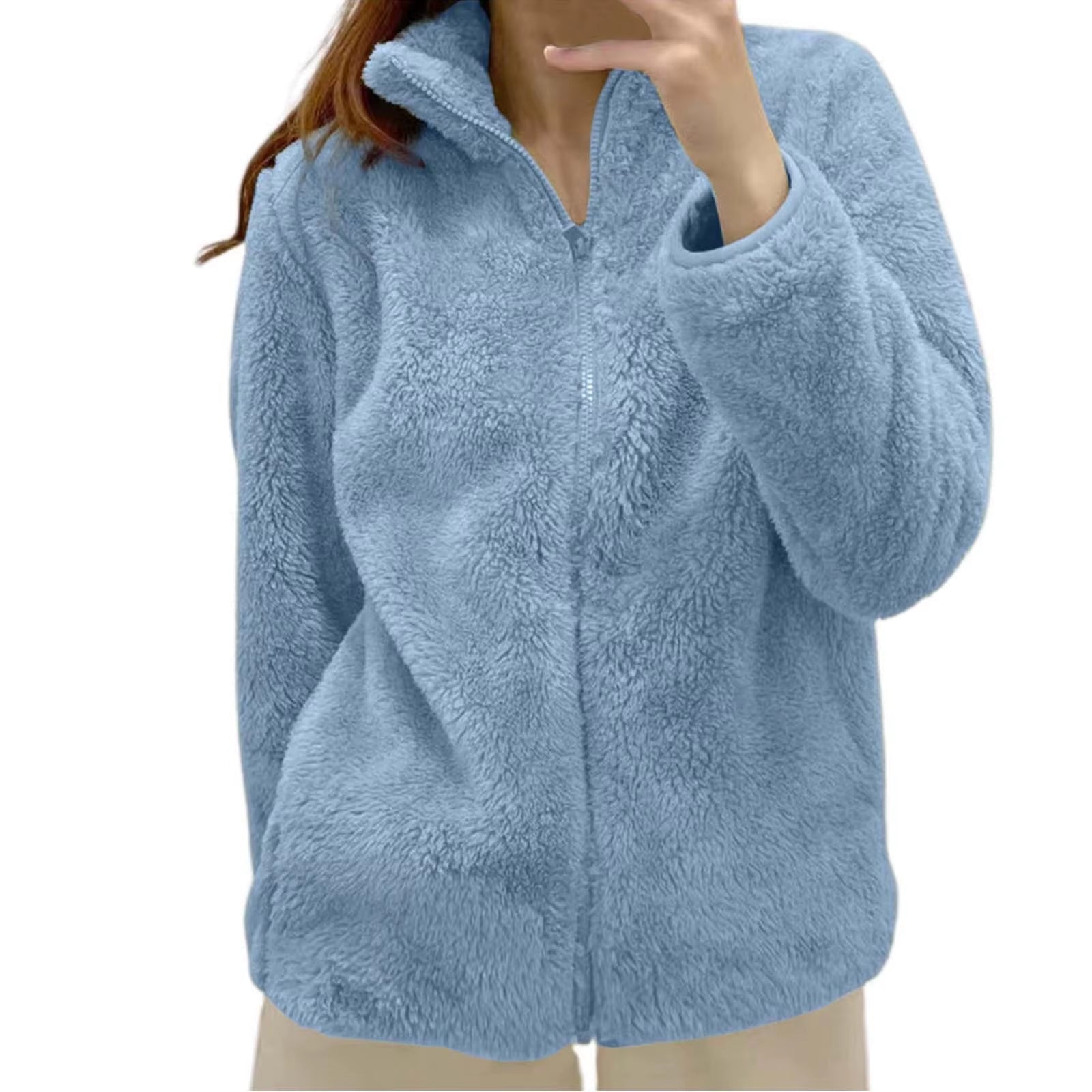 Women Casual Zip up Fleece Jacket Solid Color Long Plush Polar Warm Zipper Outwears Female Gils Lamb Wool Jackets with Pockets