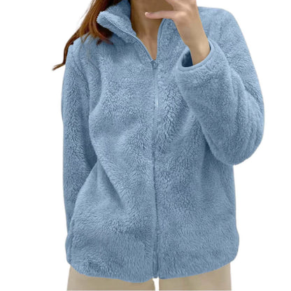 Women Casual Zip up Fleece Jacket Solid Color Long Plush Polar Warm Zipper Outwears Female Gils Lamb Wool Jackets with Pockets