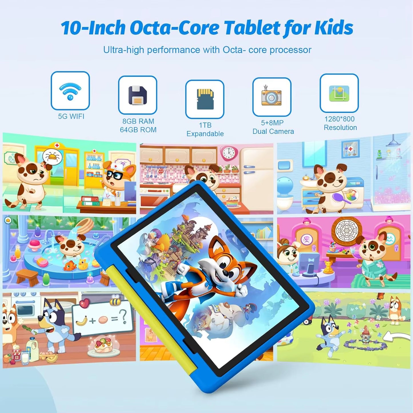 KT1016 Android 14 Tablet for Kids 10 Inch Octa-Core 8 GB RAM 64 GB Storage 1 TB Expandable Parental Control Pre-Installed KIDOZ