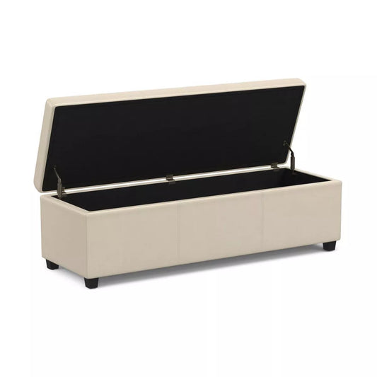Extra Large Upholstered Storage Ottoman Bench in Satin Cream with Hinged Lid, Accommodates Two Seats