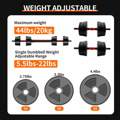 Adjustable 5-44 lbs Dumbbell to Barbell Set with Anti-Slip Grip for Versatile Home Gym Strength Training