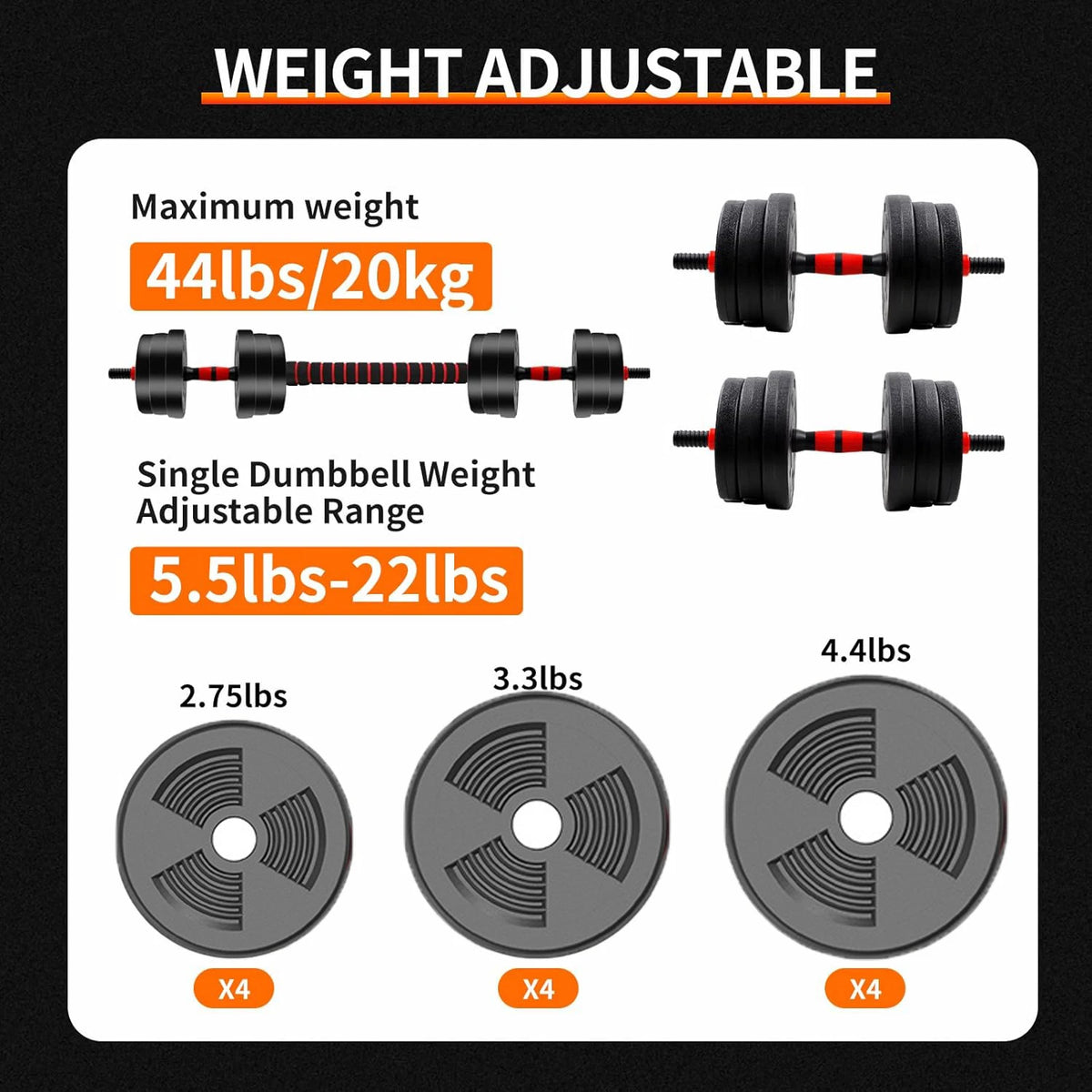 Adjustable Dumbbell to Barbell Set (5-44 lbs) with Anti-Slip Grip for Versatile Home Gym Strength Training
