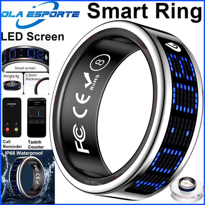 US Local Smart Ring with LED Display Screen Call Reminder Heart Rate Blood Oxygen Monitor IP68 Waterproof Multi Sports Mode Gift
