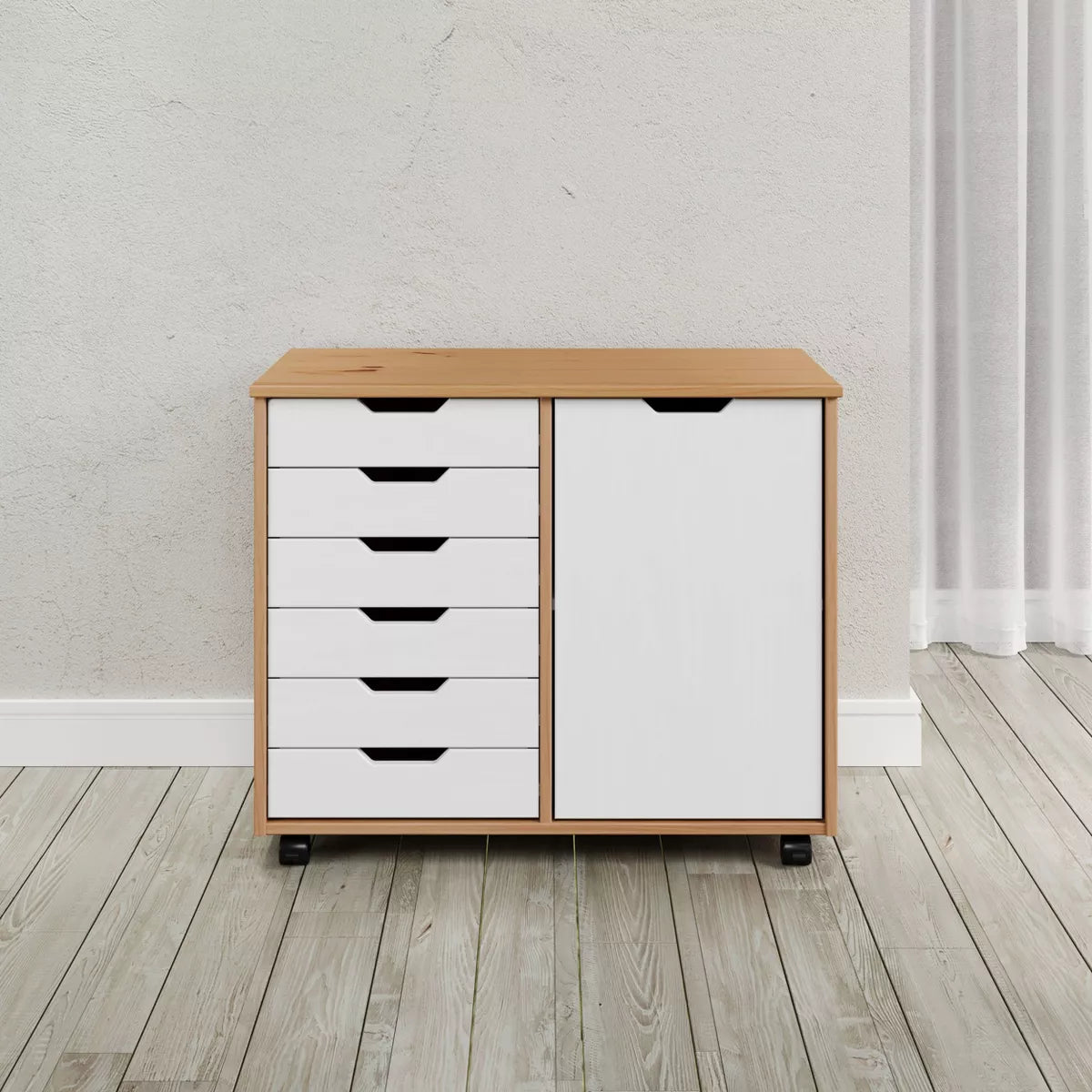 6 Door Drawer Roll Cart White and Natural Wood