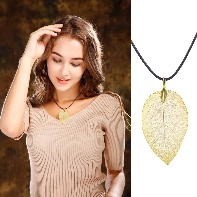 Unique Natural Real Leaf Choker Pendant Necklace for Women True Leaves Shape Filigree Vintage Necklace Jewelry Gift