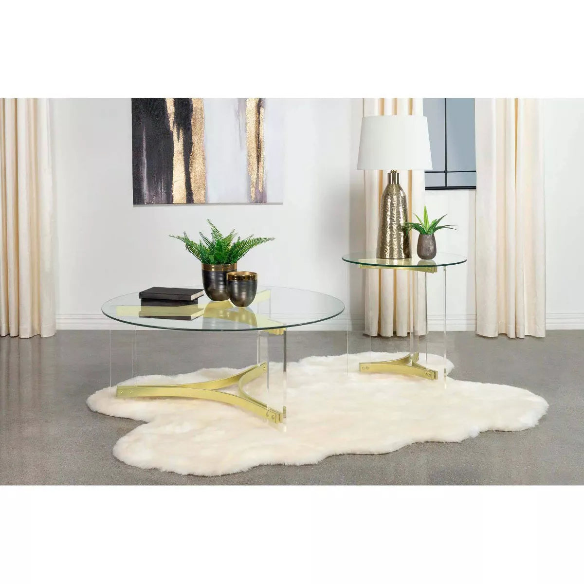 Janessa Contemporary Round Glass Top End Table with Clear Acrylic Legs and Brass Accents
