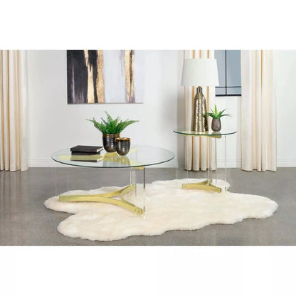 Janessa Contemporary Round Glass Top End Table with Clear Acrylic Legs and Brass Accents
