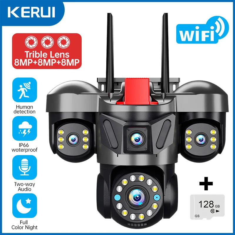 12K 24MP Outdoor Wifi Camera Triple Lens Home Security CCTV Video Surveillance System with Night Vision Triple Screens