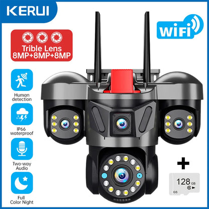 12K 24MP Outdoor Wifi Camera Triple Lens Home Security CCTV Video Surveillance System with Night Vision Triple Screens