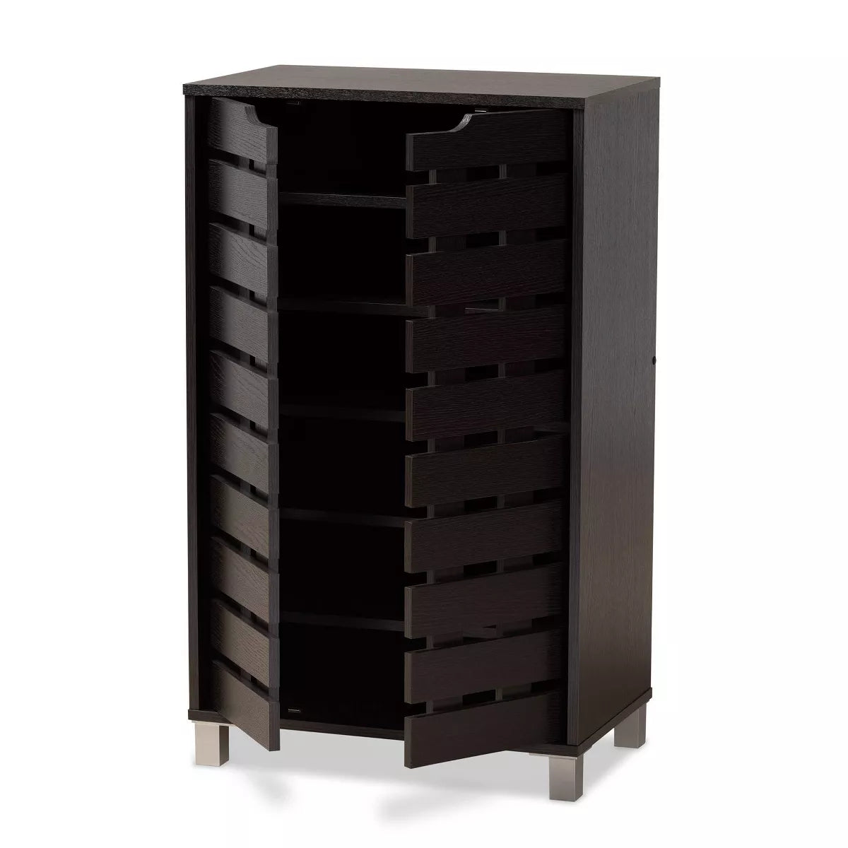 Ernest Brown Wood Shoe Storage Cabinet - Dark Brown, 2-Door Organizer for 18 Pairs with Slatted Doors 