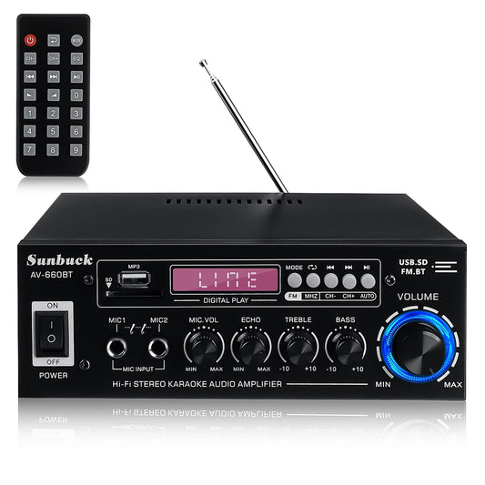 Sunbuck AV-660BT 2000W Bluetooth 5.0 Audio Power Amplifier EQ Stereo AMP Car Home 2CH AUX USB FM Radio