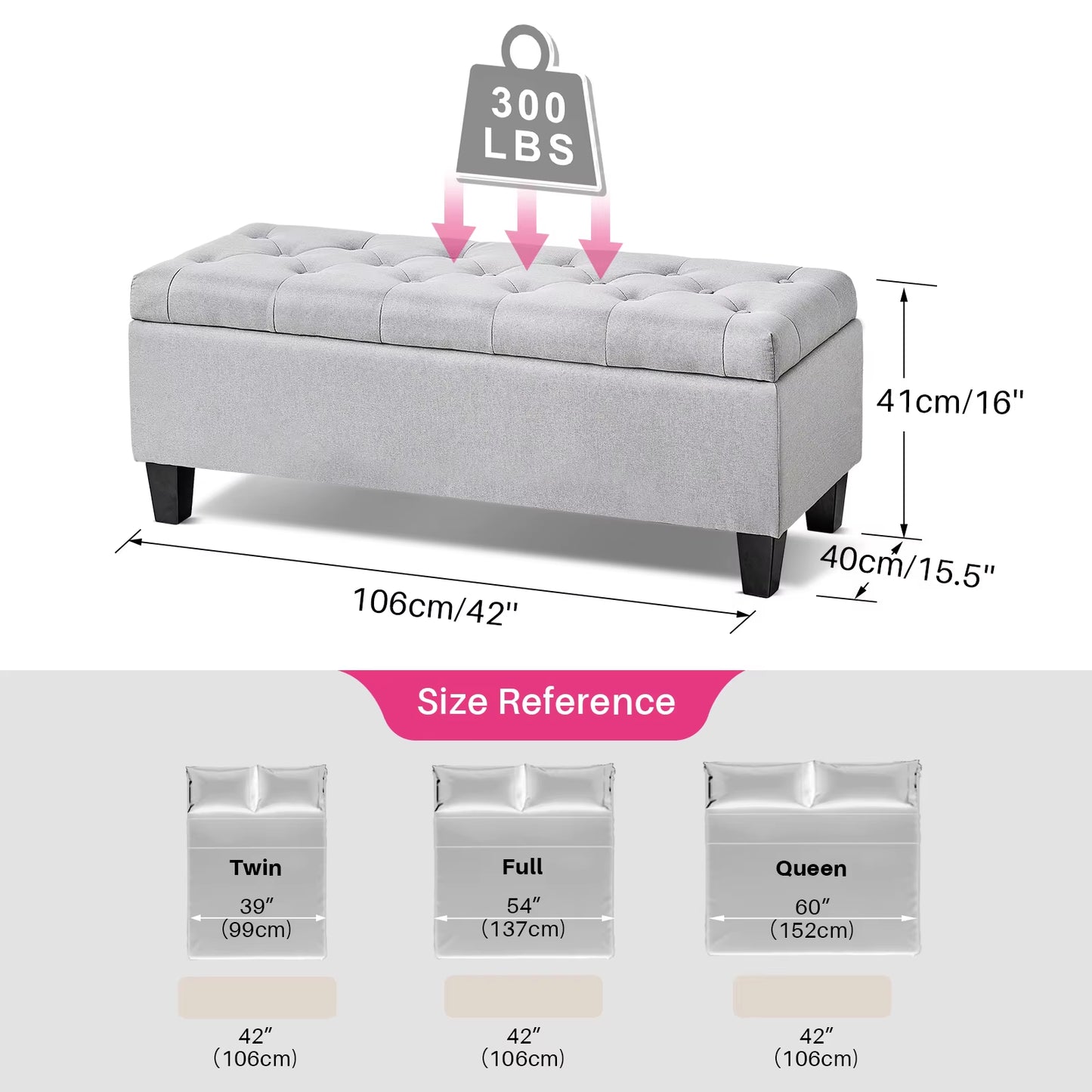 Redlife 42'' Storage Ottoman Bench, Tufted Entryway Bedroom Bench Footrest Stool W/ Flipping Lid Safety Hinge 66 L Storage Space