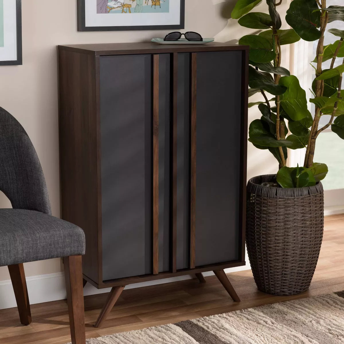 2 Door Naoki Two-Tone Wood Shoe Cabinet Gray/Walnut - Storage for Entryway, Holds 15 Pairs