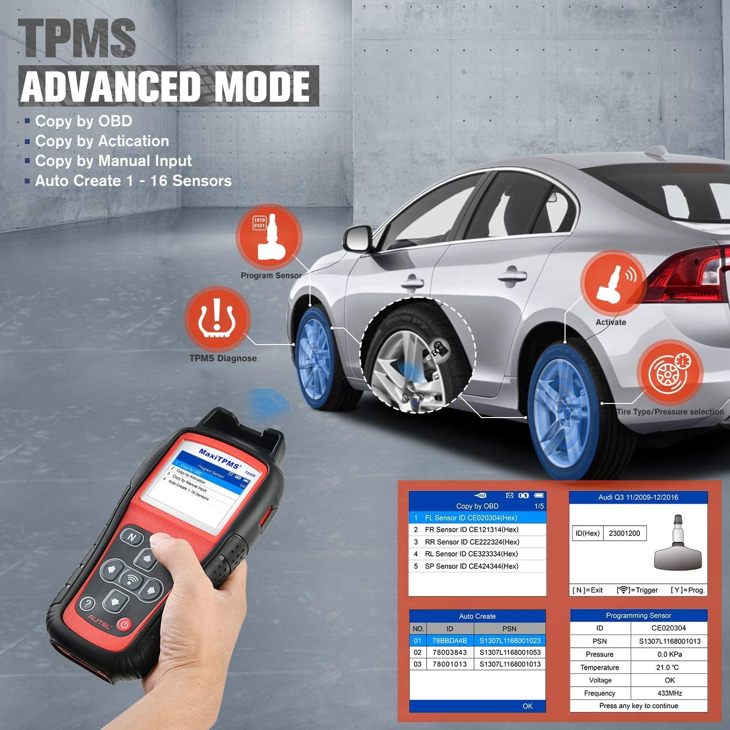 l Maxitpms TS508WF TPMS Tool Sensor Progarmming/ Relearn/ Activate TPMS Reset Read/Clear TPMS Dtcs