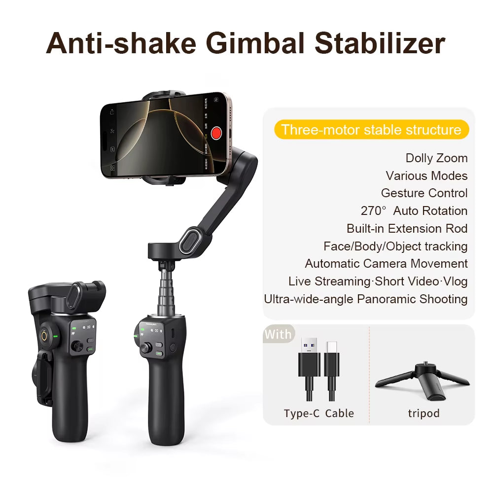 AOCHUAN Smart V8 3-Axis Handheld Gimbal Phone Stabilizer with Extension Rod Tripod Face Tracking for Iphone Android Tiktok Vlog